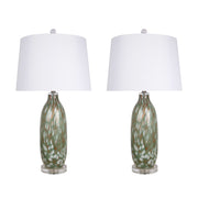 Classy Living Verdant Glow 29in 1-Light Table Lamp Set of 2 | Modern Green Art Glass and White Linen | Bedroom & Living Room | Model ECL3314