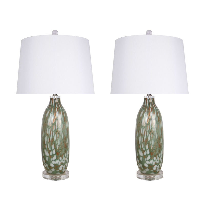 Classy Living Verdant Glow 29in 1-Light Table Lamp Set of 2 | Modern Green Art Glass and White Linen | Bedroom & Living Room | Model ECL3314