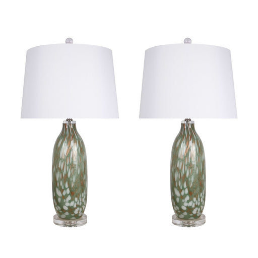 Classy Living Verdant Glow 29in 1-Light Table Lamp Set of 2 | Modern Green Art Glass and White Linen | Bedroom & Living Room | Model ECL3314