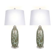Classy Living Verdant Glow 29in 1-Light Table Lamp Set of 2 | Modern Green Art Glass and White Linen | Bedroom & Living Room | Model ECL3314