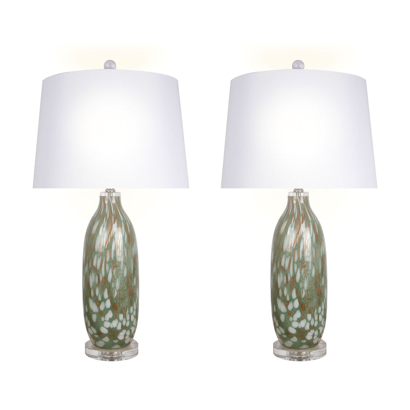 Classy Living Verdant Glow 29in 1-Light Table Lamp Set of 2 | Modern Green Art Glass and White Linen | Bedroom & Living Room | Model ECL3314