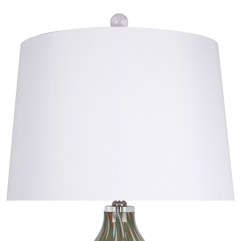Classy Living Verdant Glow 29in 1-Light Table Lamp Set of 2 | Modern Green Art Glass and White Linen | Bedroom & Living Room | Model ECL3314