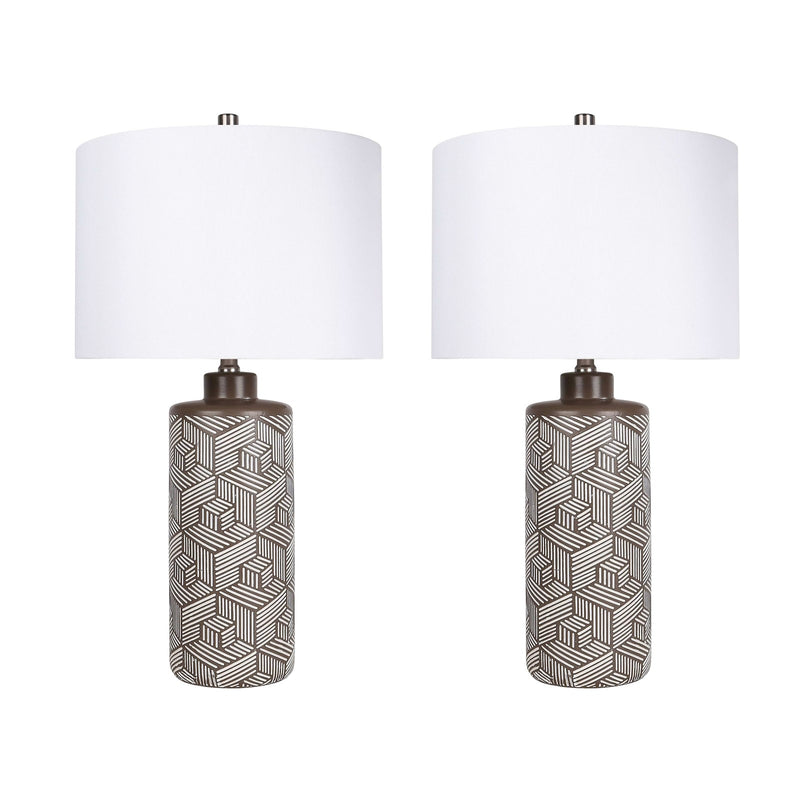 Classy Living Geometric Harmony 28in 1-Light Table Lamp Set of 2 | Modern Brown and White Ceramic | Bedroom & Living Room | Model ECL3316