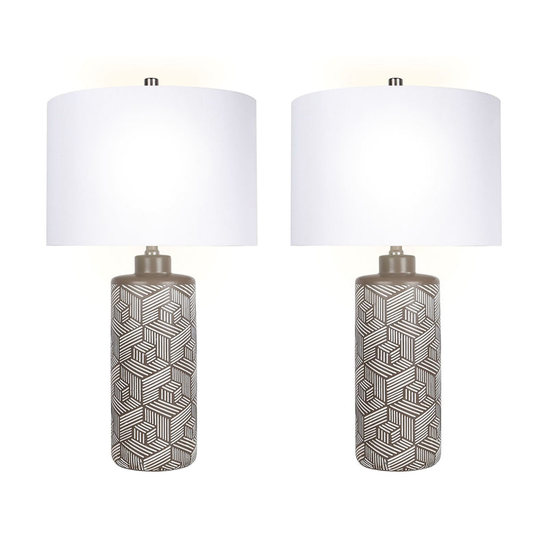 Classy Living Geometric Harmony 28in 1-Light Table Lamp Set of 2 | Modern Brown and White Ceramic | Bedroom & Living Room | Model ECL3316