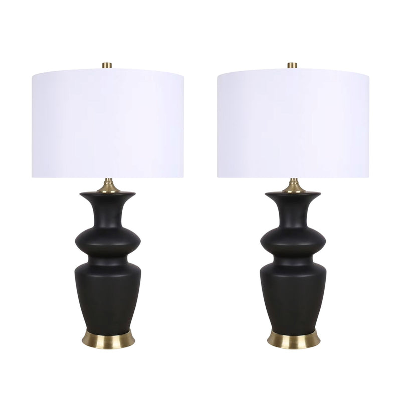 Classy Living Elegance Radiance 30in Ceramic Table Lamp Set of 2 | Modern Black and Soft Gold with White Linen Drum Shade | Bedroom | Model ECL3318