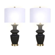 Classy Living Elegance Radiance 30in Ceramic Table Lamp Set of 2 | Modern Black and Soft Gold with White Linen Drum Shade | Bedroom | Model ECL3318