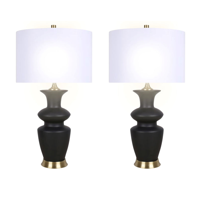 Classy Living Elegance Radiance 30in Ceramic Table Lamp Set of 2 | Modern Black and Soft Gold with White Linen Drum Shade | Bedroom | Model ECL3318