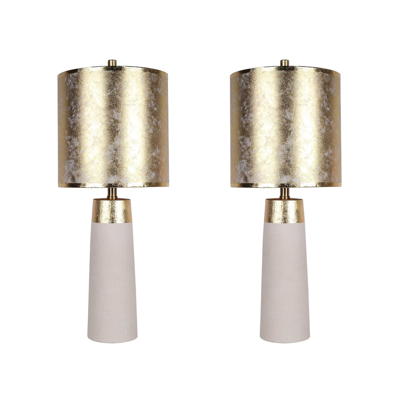 Classy Living Luxe Radiance 29in Ceramic Table Lamp Set of 2 | Modern White and Gold Leafing with Gold PVC Drum Shade | Bedroom | Model ECL3320
