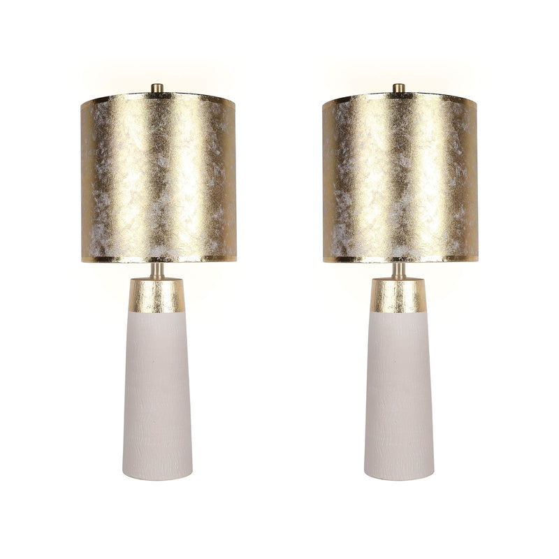 Classy Living Luxe Radiance 29in Ceramic Table Lamp Set of 2 | Modern White and Gold Leafing with Gold PVC Drum Shade | Bedroom | Model ECL3320