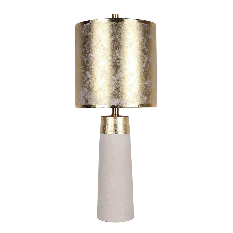 Classy Living Luxe Radiance 29in Ceramic Table Lamp Set of 2 | Modern White and Gold Leafing with Gold PVC Drum Shade | Bedroom | Model ECL3320