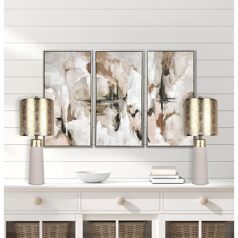 Classy Living Luxe Radiance 29in Ceramic Table Lamp Set of 2 | Modern White and Gold Leafing with Gold PVC Drum Shade | Bedroom | Model ECL3320