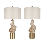 Classy Living Sculptural Serenity 30in Ceramic Table Lamp Set of 2 | Contemporary Cream and Tan with Soft Gold and Off-White Linen | Model ECL3322