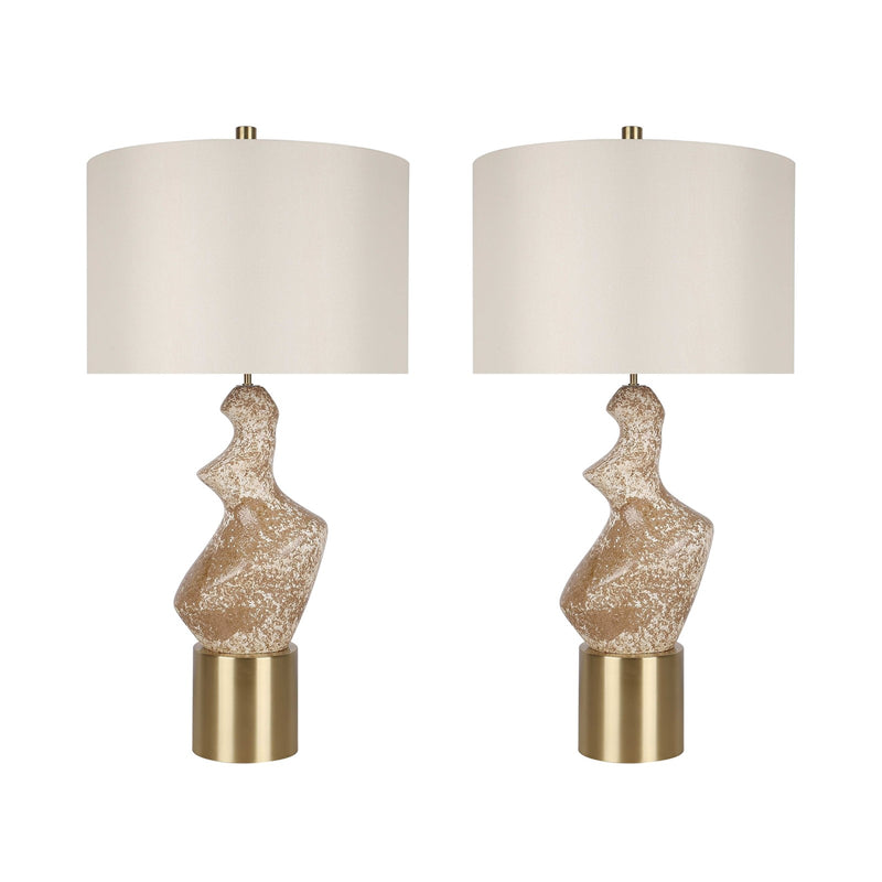 Classy Living Sculptural Serenity 30in Ceramic Table Lamp Set of 2 | Contemporary Cream and Tan with Soft Gold and Off-White Linen | Model ECL3322