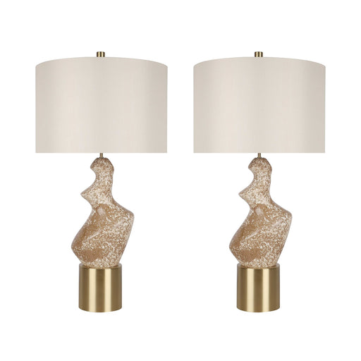 Classy Living Sculptural Serenity 30in Ceramic Table Lamp Set of 2 | Contemporary Cream and Tan with Soft Gold and Off-White Linen | Model ECL3322