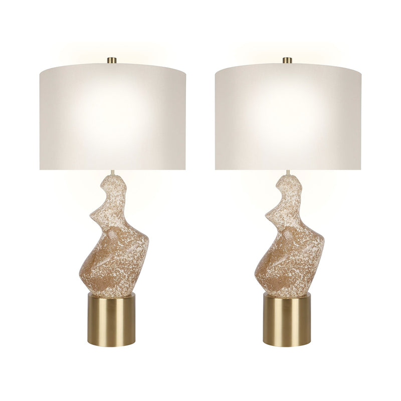 Classy Living Sculptural Serenity 30in Ceramic Table Lamp Set of 2 | Contemporary Cream and Tan with Soft Gold and Off-White Linen | Model ECL3322