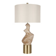 Classy Living Sculptural Serenity 30in Ceramic Table Lamp Set of 2 | Contemporary Cream and Tan with Soft Gold and Off-White Linen | Model ECL3322