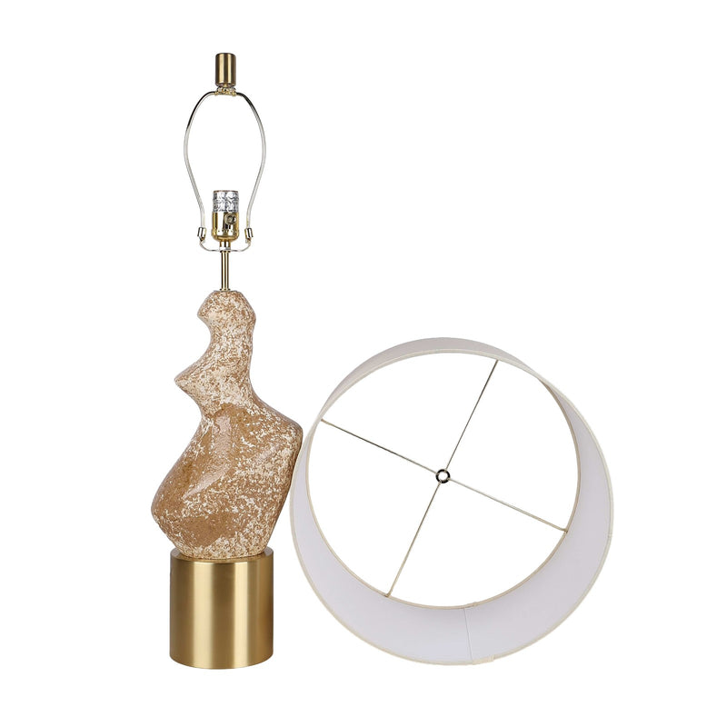 Classy Living Sculptural Serenity 30in Ceramic Table Lamp Set of 2 | Contemporary Cream and Tan with Soft Gold and Off-White Linen | Model ECL3322