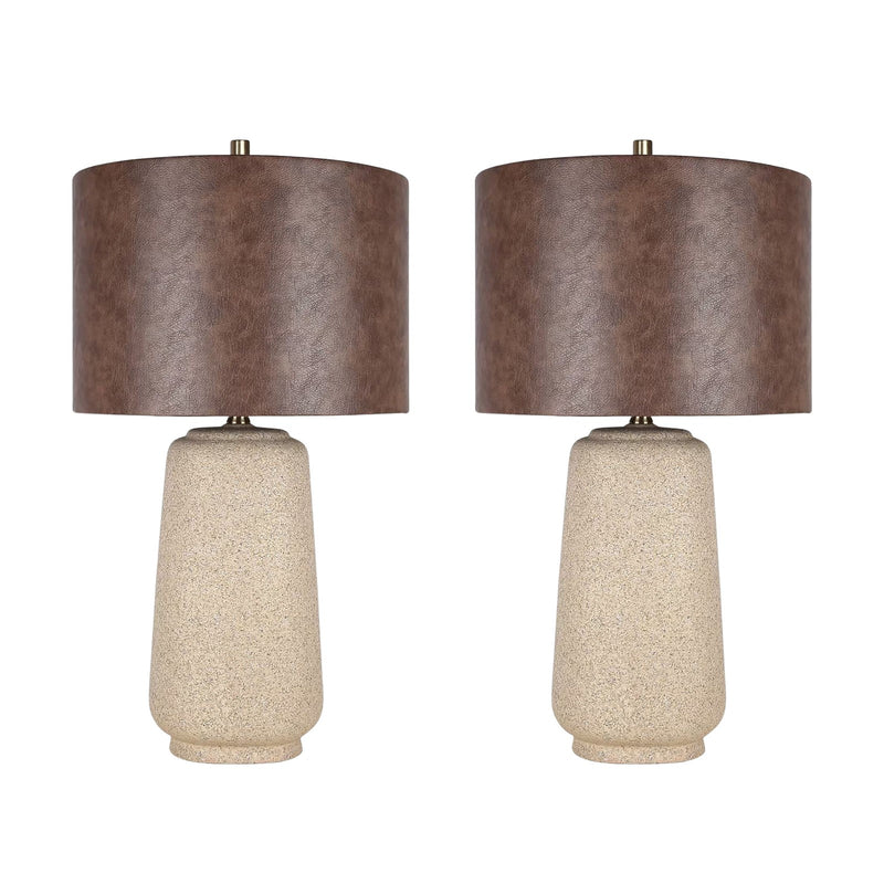 Classy Living Rustic Harmony 28in Ceramic Table Lamp Set of 2 | Modern Natural Rock with Brown Faux Leather Drum Shade | Bedroom | Model ECL3324