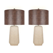 Classy Living Rustic Harmony 28in Ceramic Table Lamp Set of 2 | Modern Natural Rock with Brown Faux Leather Drum Shade | Bedroom | Model ECL3324