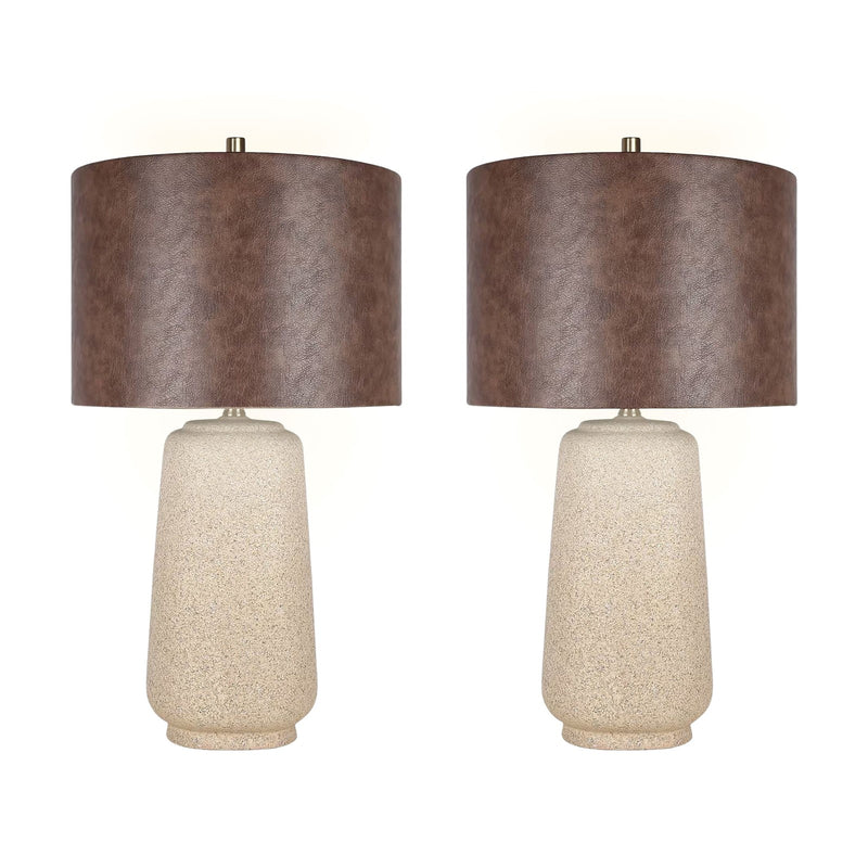 Classy Living Rustic Harmony 28in Ceramic Table Lamp Set of 2 | Modern Natural Rock with Brown Faux Leather Drum Shade | Bedroom | Model ECL3324