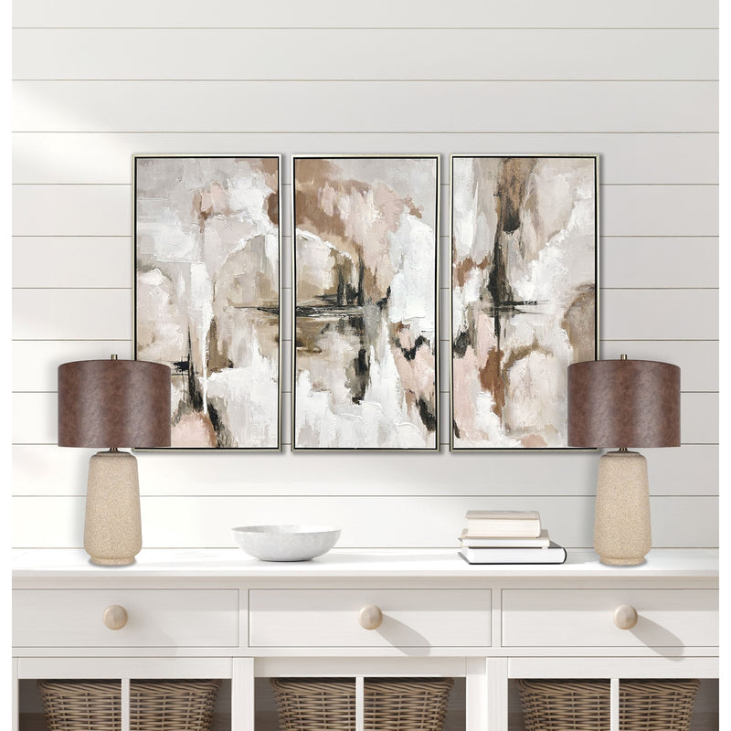 Classy Living Rustic Harmony 28in Ceramic Table Lamp Set of 2 | Modern Natural Rock with Brown Faux Leather Drum Shade | Bedroom | Model ECL3324