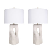 Classy Living Eclipse Harmony 16in Ceramic Table Lamp Set of 2 | Modern White Ceramic and White Linen Drum Shade | Bedroom Nightstand | Model ECL3326