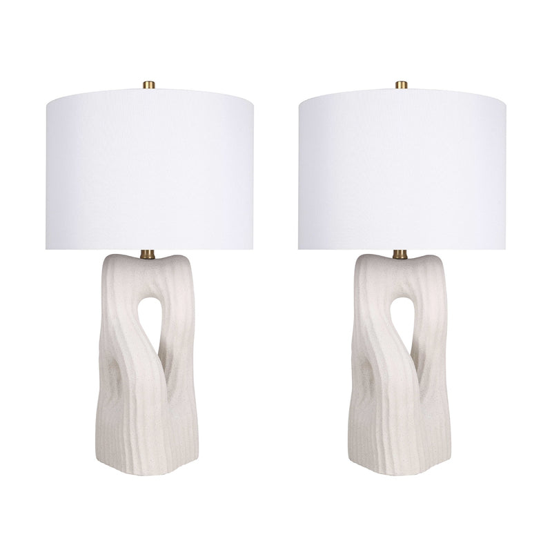 Classy Living Eclipse Harmony 16in Ceramic Table Lamp Set of 2 | Modern White Ceramic and White Linen Drum Shade | Bedroom Nightstand | Model ECL3326