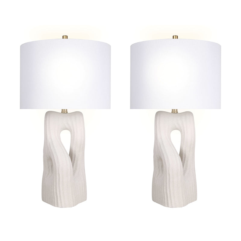 Classy Living Eclipse Harmony 16in Ceramic Table Lamp Set of 2 | Modern White Ceramic and White Linen Drum Shade | Bedroom Nightstand | Model ECL3326