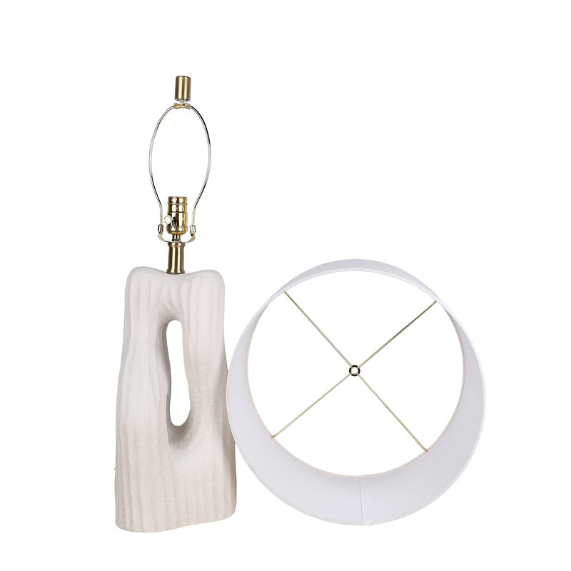 Classy Living Eclipse Harmony 16in Ceramic Table Lamp Set of 2 | Modern White Ceramic and White Linen Drum Shade | Bedroom Nightstand | Model ECL3326