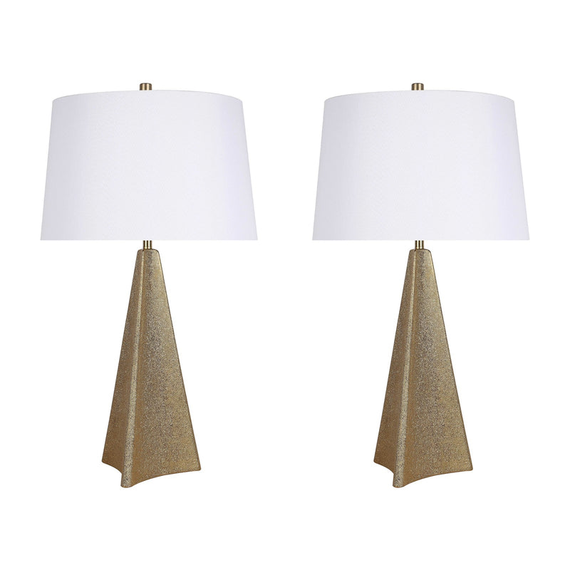 Classy Living Golden Apex 16in Ceramic Table Lamp Set of 2 | Modern Electroplated Gold Ceramic and White Linen Shade | Bedroom | Model ECL3328