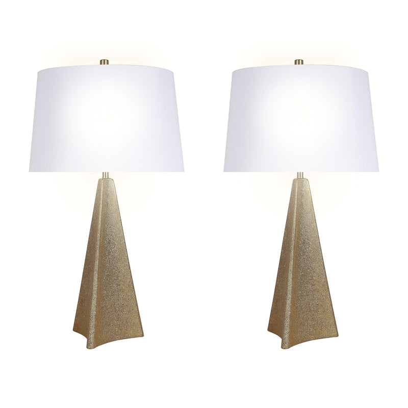 Classy Living Golden Apex 16in Ceramic Table Lamp Set of 2 | Modern Electroplated Gold Ceramic and White Linen Shade | Bedroom | Model ECL3328