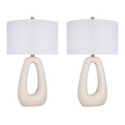 Classy Living Serenity Loop 15in Ceramic Table Lamp Set of 2 | Modern Textured White Ceramic and White Linen Drum Shade | Bedroom | Model ECL3334