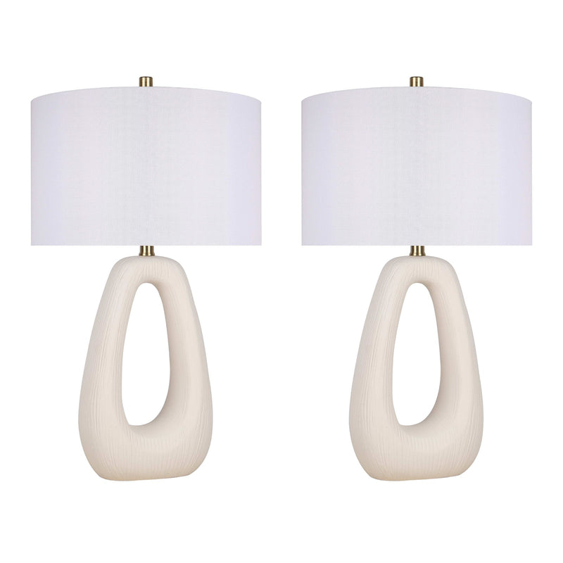 Classy Living Serenity Loop 15in Ceramic Table Lamp Set of 2 | Modern Textured White Ceramic and White Linen Drum Shade | Bedroom | Model ECL3334