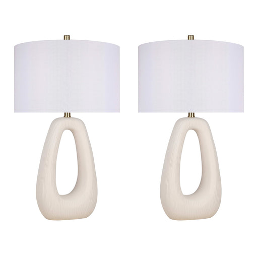 Classy Living Serenity Loop 15in Ceramic Table Lamp Set of 2 | Modern Textured White Ceramic and White Linen Drum Shade | Bedroom | Model ECL3334