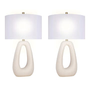 Classy Living Serenity Loop 15in Ceramic Table Lamp Set of 2 | Modern Textured White Ceramic and White Linen Drum Shade | Bedroom | Model ECL3334