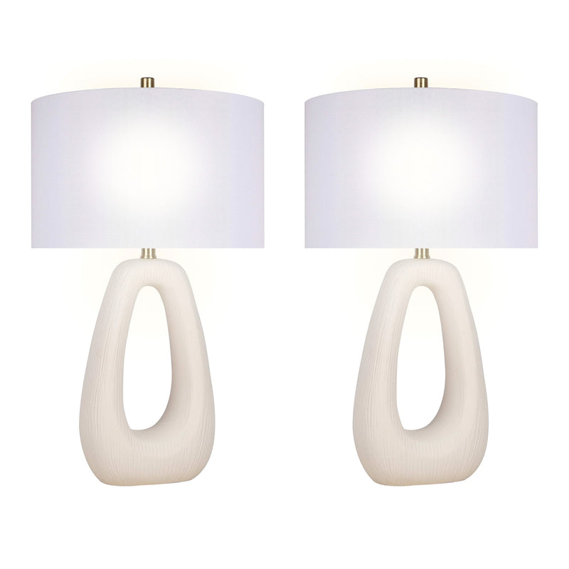 Classy Living Serenity Loop 15in Ceramic Table Lamp Set of 2 | Modern Textured White Ceramic and White Linen Drum Shade | Bedroom | Model ECL3334