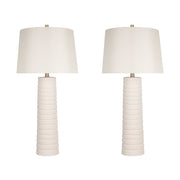 Classy Living Calming Flow 16in Ceramic Table Lamp Set of 2 | Modern Textured White Ceramic and Off White Linen Shade | Bedroom | Model ECL3336