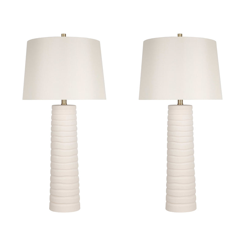 Classy Living Calming Flow 16in Ceramic Table Lamp Set of 2 | Modern Textured White Ceramic and Off White Linen Shade | Bedroom | Model ECL3336