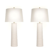 Classy Living Calming Flow 16in Ceramic Table Lamp Set of 2 | Modern Textured White Ceramic and Off White Linen Shade | Bedroom | Model ECL3336