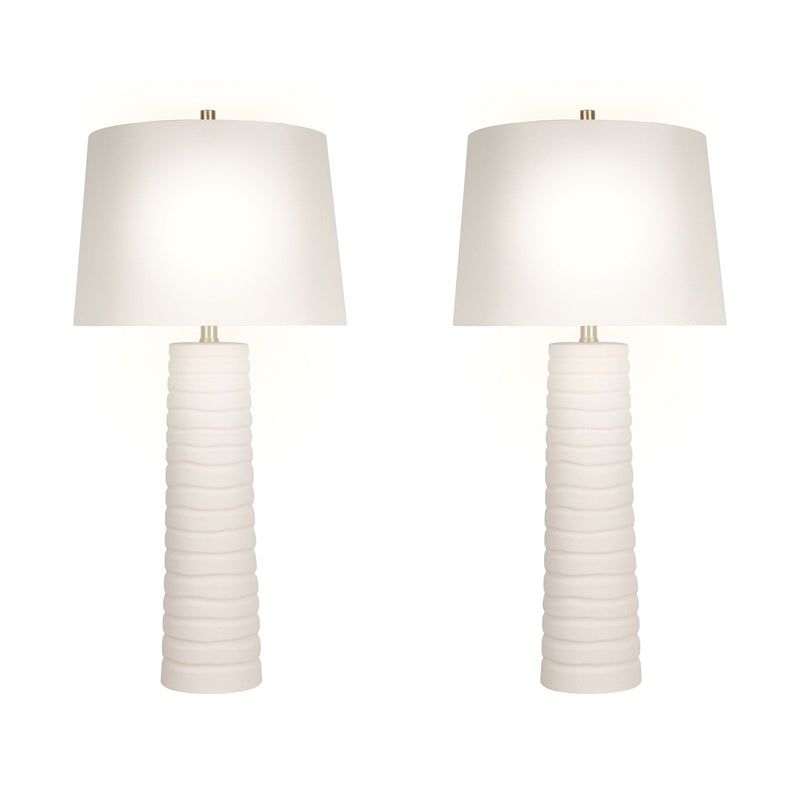 Classy Living Calming Flow 16in Ceramic Table Lamp Set of 2 | Modern Textured White Ceramic and Off White Linen Shade | Bedroom | Model ECL3336