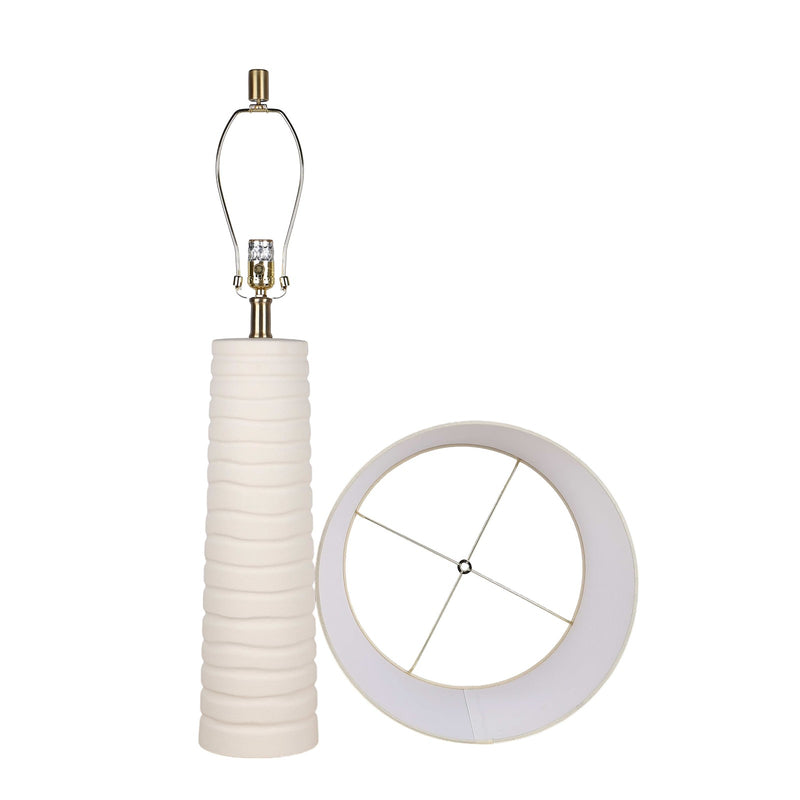 Classy Living Calming Flow 16in Ceramic Table Lamp Set of 2 | Modern Textured White Ceramic and Off White Linen Shade | Bedroom | Model ECL3336