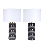 Classy Living Ripple Charcoal 30in Ribbed Ceramic Table Lamp Set of 2 | Modern Speckled Charcoal and Soft Gold with White Linen Shade | Model ECL3568