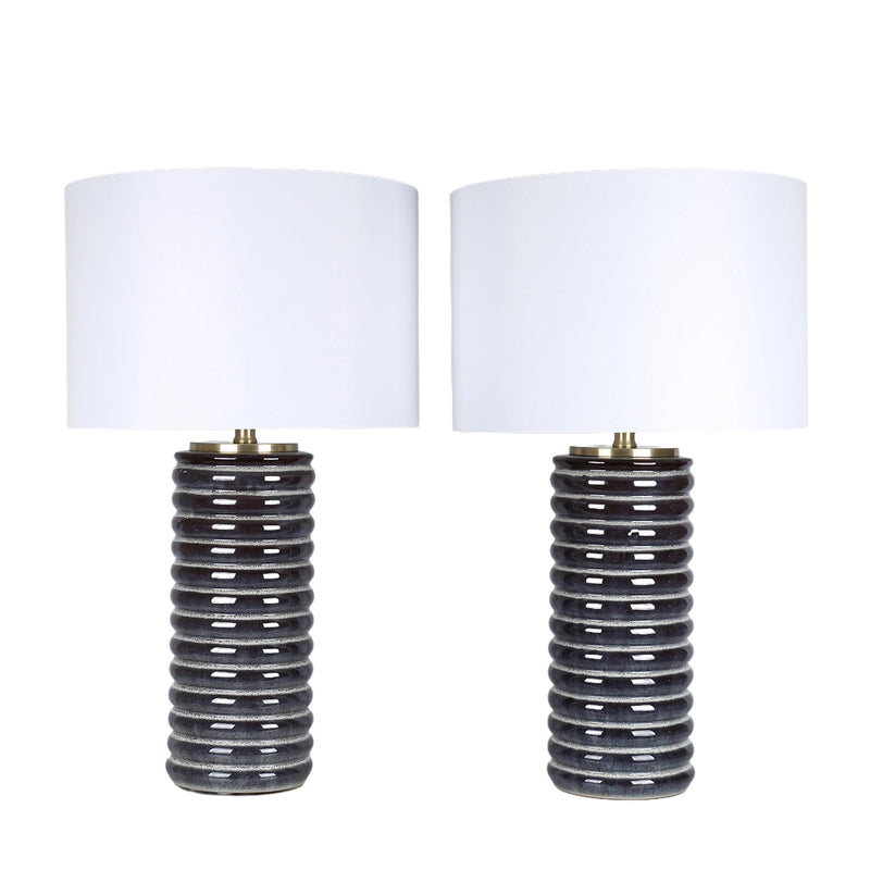 Classy Living Ripple Charcoal 30in Ribbed Ceramic Table Lamp Set of 2 | Modern Speckled Charcoal and Soft Gold with White Linen Shade | Model ECL3568