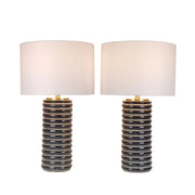 Classy Living Ripple Charcoal 30in Ribbed Ceramic Table Lamp Set of 2 | Modern Speckled Charcoal and Soft Gold with White Linen Shade | Model ECL3568