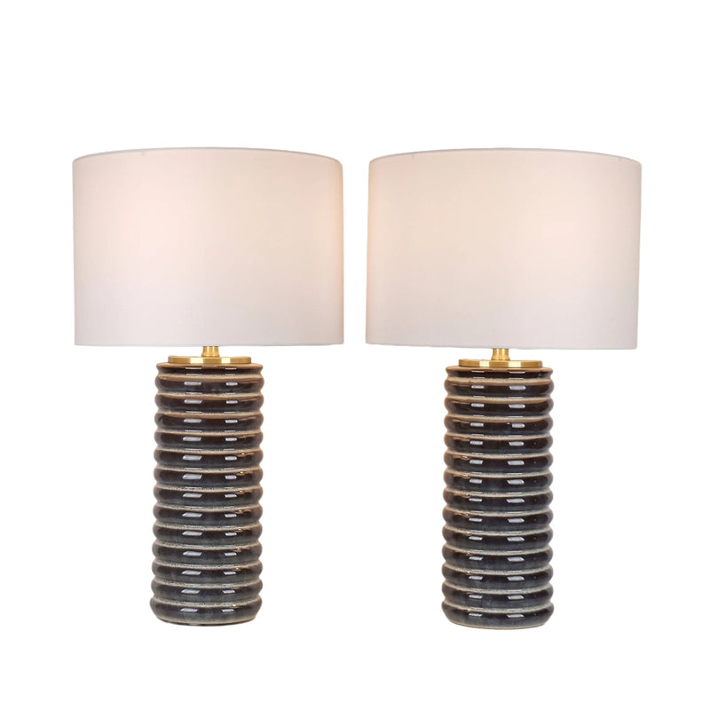 Classy Living Ripple Charcoal 30in Ribbed Ceramic Table Lamp Set of 2 | Modern Speckled Charcoal and Soft Gold with White Linen Shade | Model ECL3568