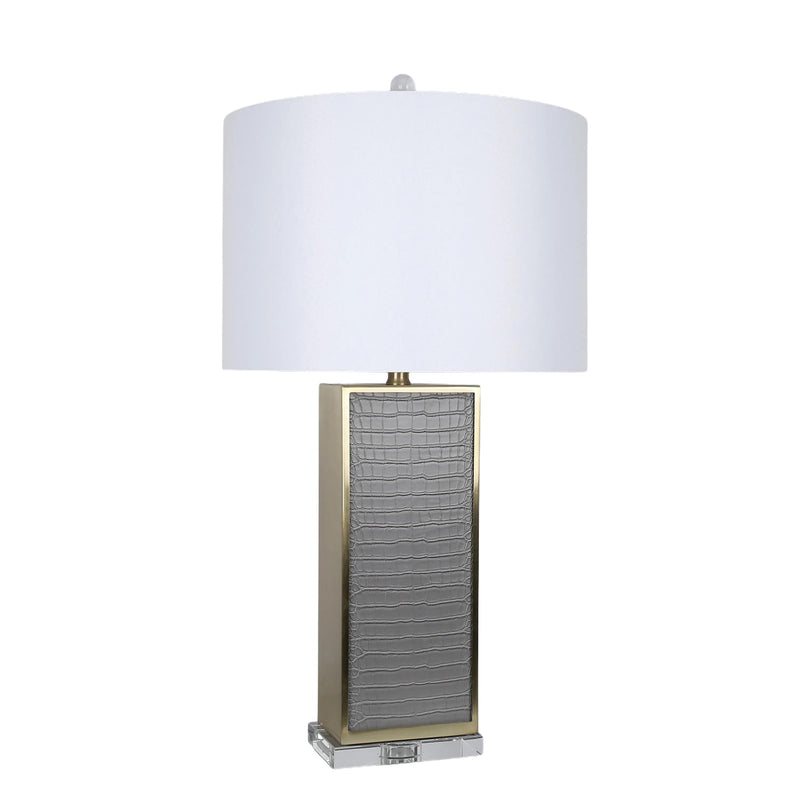 Classy Living Gator Luxe 30in Table Lamp Set of 2 | Glam Grey Gator PU Leather and Soft Gold Crystal | Bedroom & Living Room | Model ECL3572