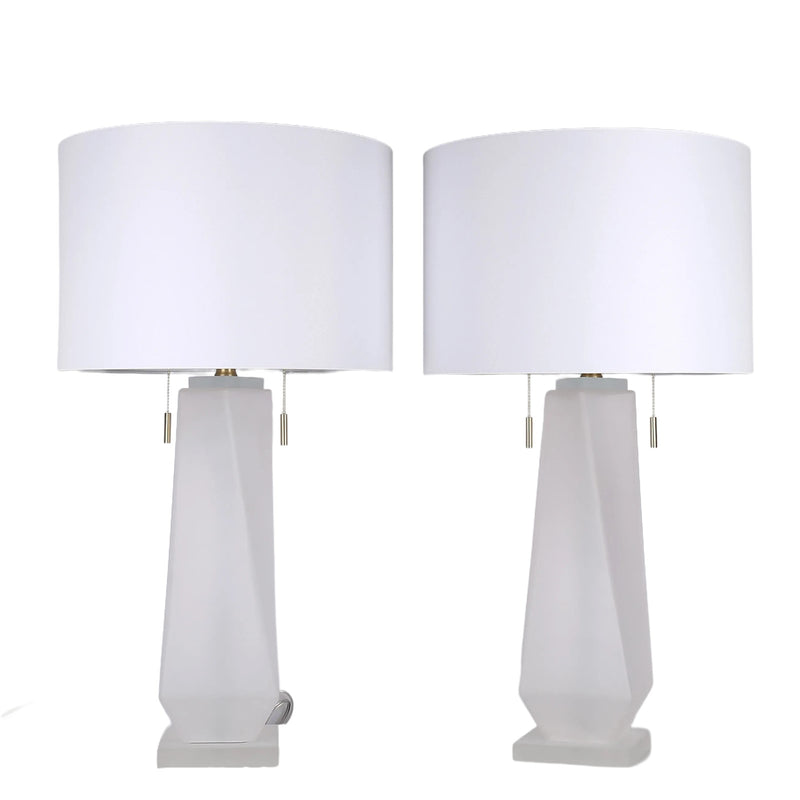 Classy Living Faceted Frost 17in Table Lamp Set of 2 | Modern Frosted Art Glass and Crystal with White Linen | Bedside & Living Room | Model ECL3576