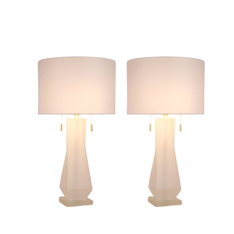 Classy Living Faceted Frost 17in Table Lamp Set of 2 | Modern Frosted Art Glass and Crystal with White Linen | Bedside & Living Room | Model ECL3576