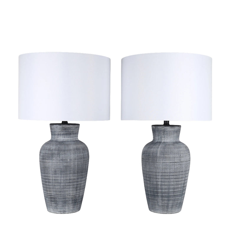 Classy Living Textured Aura 29in Ceramic Table Lamp Set of 2 | Modern Textured Black and White Ceramic with White Linen Drum Shade | Model ECL3578
