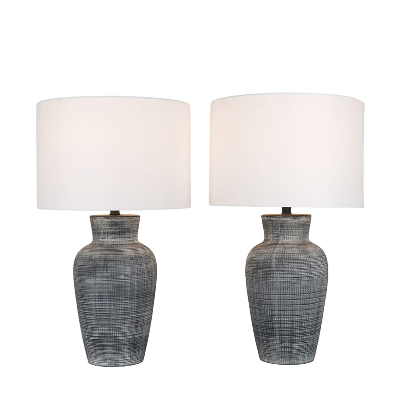 Classy Living Textured Aura 29in Ceramic Table Lamp Set of 2 | Modern Textured Black and White Ceramic with White Linen Drum Shade | Model ECL3578